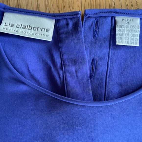 Vintage LIZ CLAIBORNE SILK BLOUSE Royal Blue, Short Sleeve, Petite Collection 4 - Picture 6 of 7